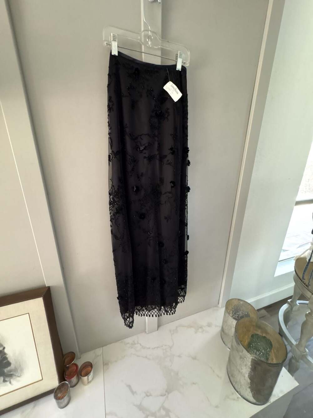 Neiman Marcus Black Beaded Floral Embroidered Mesh Maxi Skirt